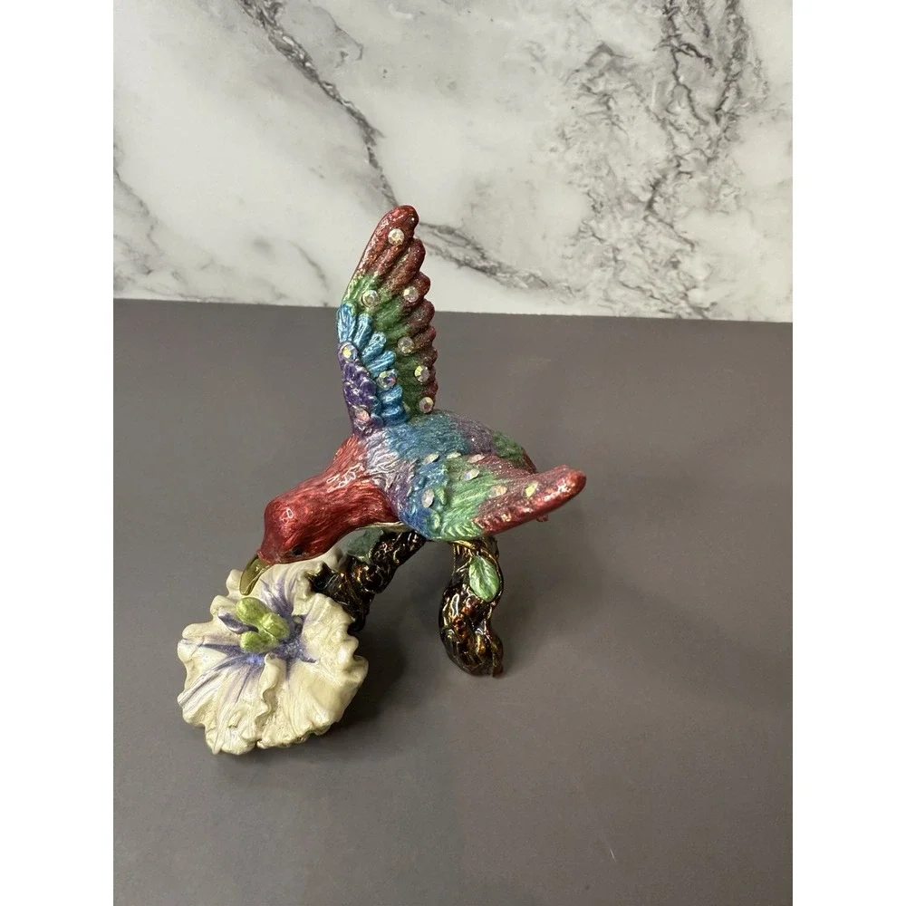 Beautiful Rare Hinged Hummingbird Shiny Jeweled Trinket Box W/Magnetic Clasp
